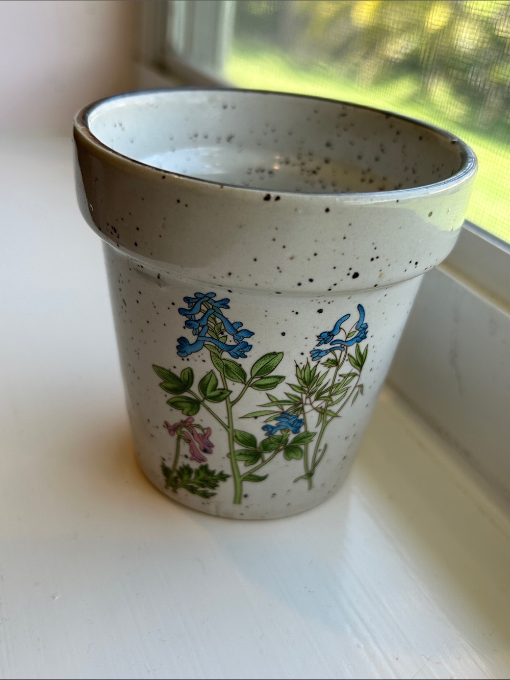 Vintage Japanese Cream Ceramic Pot with Blue & Green Botanical Motif